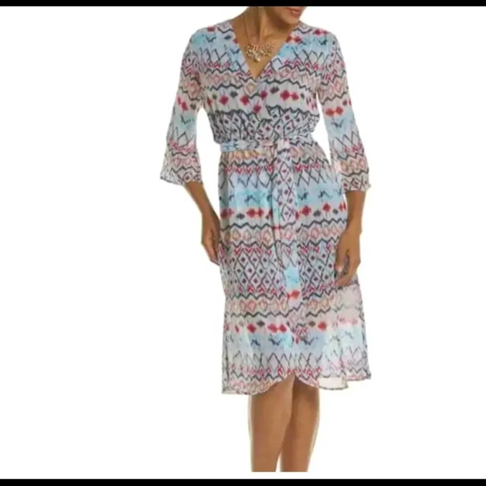Steve Harvey Southwest Print Off-White Chiffon Office Casual Wedding Guest Dress - Picture 12 of 13